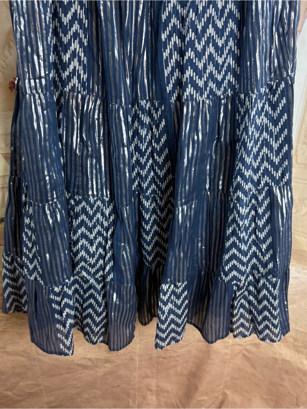 NEW Soft Surrounding Brillar Navy Patterned Foil Tiered Maxi Skirt and Top Set - Picture 10 of 13